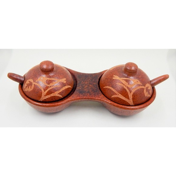 Glazed Clay Bird Motif Jelly Jam Condiment Set With Spoons Lids Primitive - Picture 2 of 8